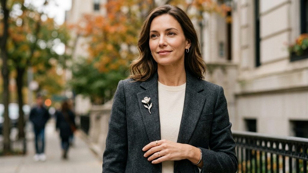 Woman wearing a small silver floral brooch on the lapel of a charcoal blazer.