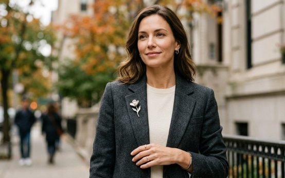Woman wearing a small silver floral brooch on the lapel of a charcoal blazer.