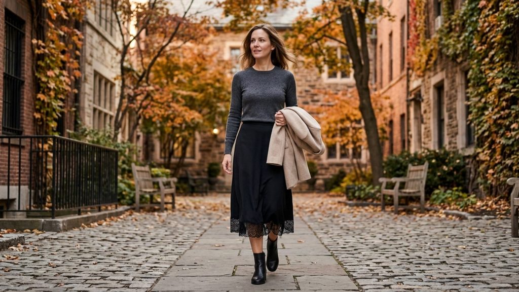 Woman wearing a black lace trim midi skirt with a charcoal sweater and ankle boots.