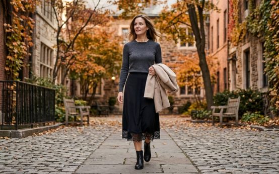 Woman wearing a black lace trim midi skirt with a charcoal sweater and ankle boots.