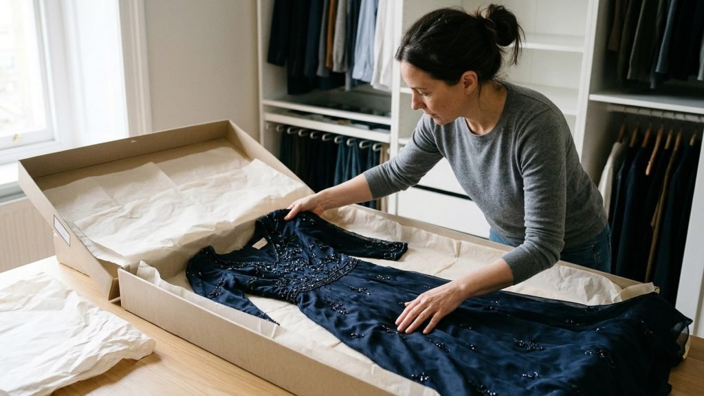 A woman packs an embellished gown in a box lined with tissue paper.