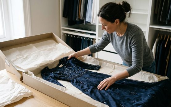 A woman packs an embellished gown in a box lined with tissue paper.