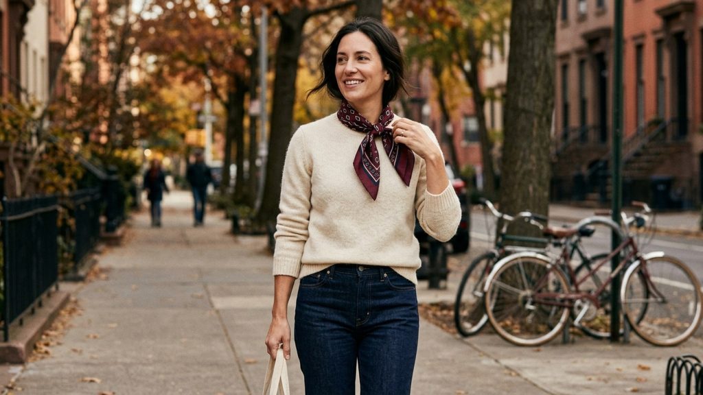 Woman wearing a patterned scarf with a cream sweater and dark jeans on a fall day.